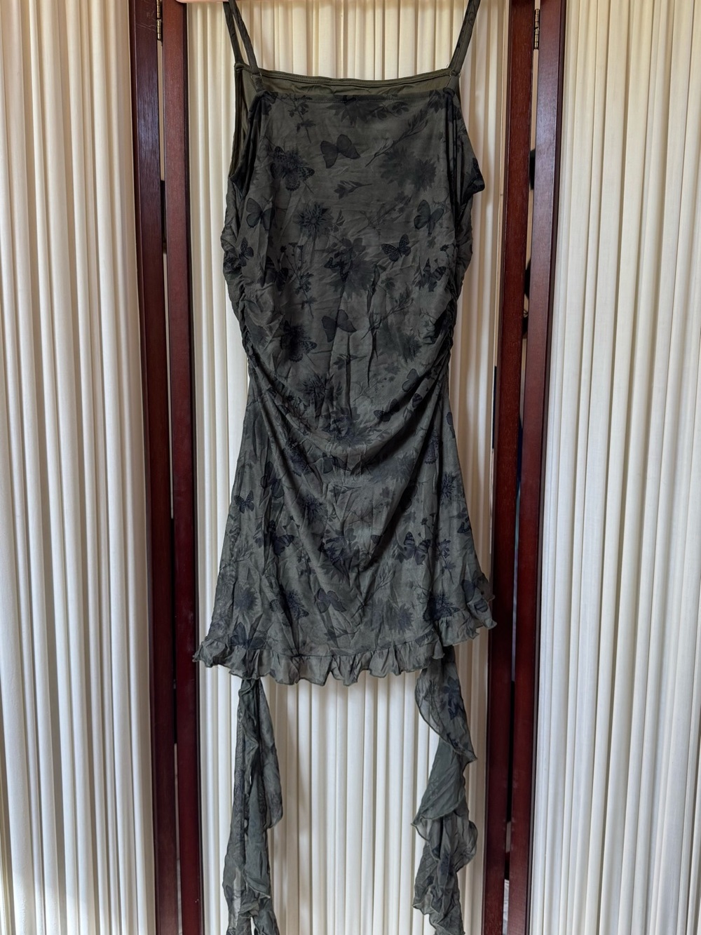 Y2K Butterfly Mesh Ruched Mini Dress Handkerchief Hem - Picture 2 of 4